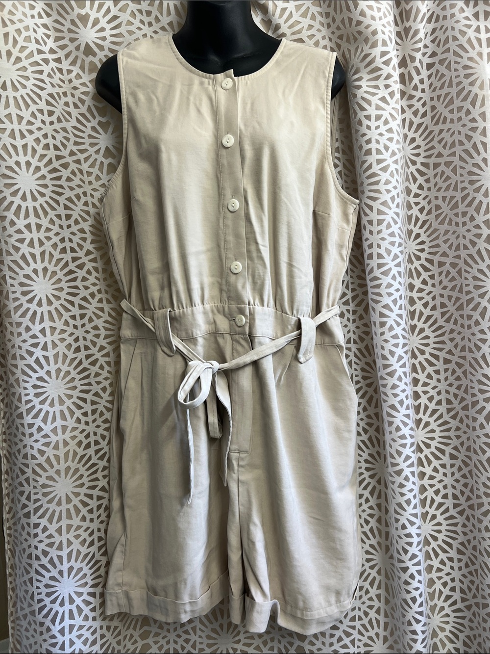 Nine West Light Beige Sleeveless Button-Front Tie-Waist Romper